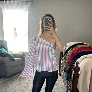 One-Shoulder Striped Knit Top - Red, Blue & White